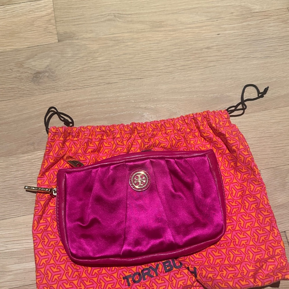 Tory Burch satin and leather clutch
